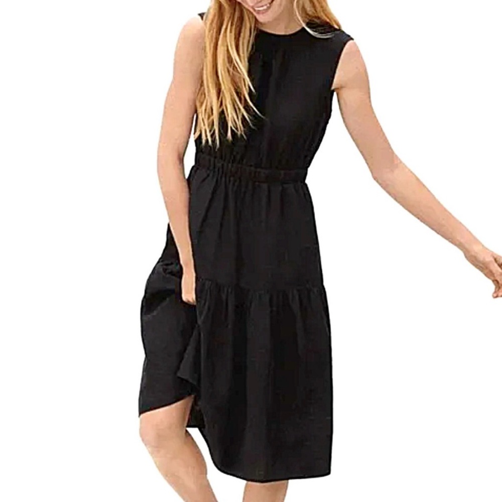 Everlane Black Midi Dress, Linen Cotton Dress, Tiered Dress, Sleeveless Dress 0
